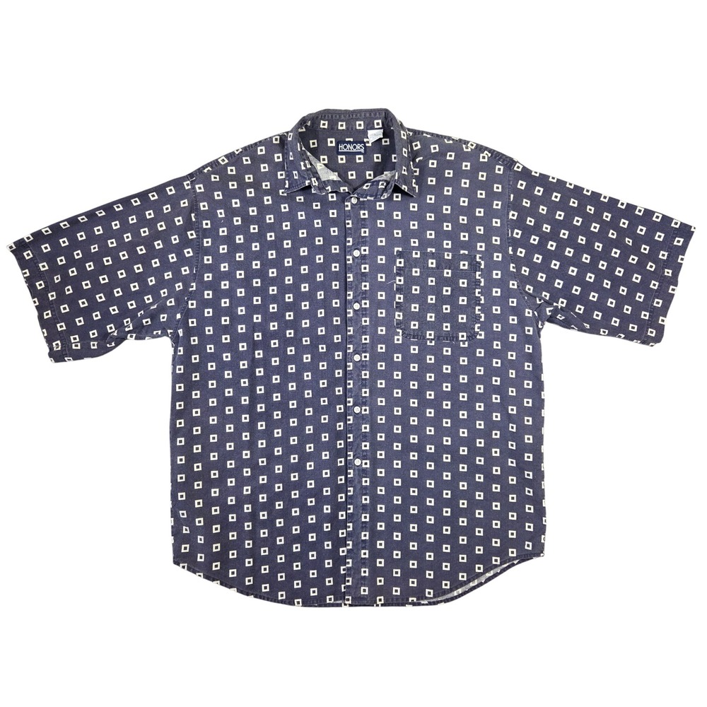 Honors Mens Vintage Geometric Print Short Sleeve Button Down Shirt L Skater Punk